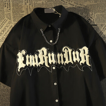 rvip美式项链短袖衬衫男女夏季新款嘻哈小众毛巾绣衬衣潮牌休闲外套潮