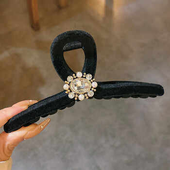 禾娘秋冬款黑色植绒大号抓夹后脑勺珍珠鲨鱼夹百搭气质花朵盘发器f931