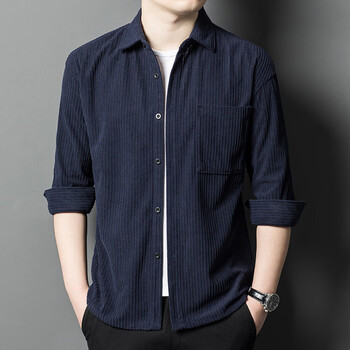 之家中青年灯芯绒长袖衬衫男士外套条绒上衣春秋季新款衬衣休上青xxl