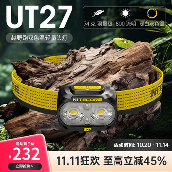 奈特科尔【高显色3色温】ut27 mct轻量800流明高显色3色温越野超轻AAA头灯 UT27 2024【黑色-标准版】