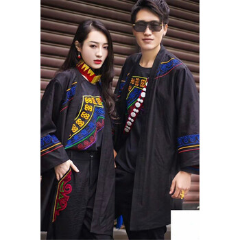 服装男女套装长袖t恤宽袖风衣长裤2018年新款彝族服装男女女情侣款 男