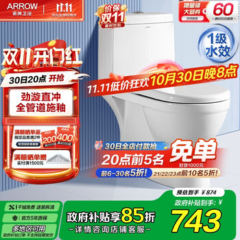 箭牌 ARROW 家用大冲力直冲防臭节水连体马桶加大管道排污缓降盖板