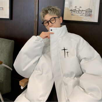 娇茗雅冬季羽绒服潮流男s美式高街韩版学生pu皮刺绣款宽松痞帅加厚