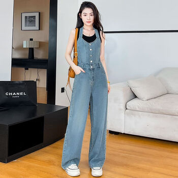 奕菓大码牛仔背带裤套装女胖mm300斤牛仔背带裤女套装新款2024夏季时
