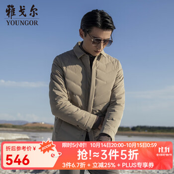 YOUNGOR 雅戈尔 羽绒服男立领连帽短款羽绒服锦纶耐穿舒适透气 卡其 180/100A