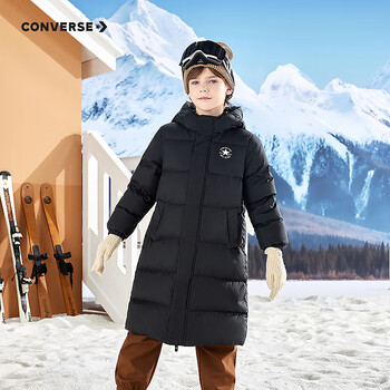 Converse匡威儿童羽绒服男女童冬季新款长款过膝中大童装极寒泡芙保暖外套 正黑色 150 充绒量约207g 【建议身高140-152cm】
