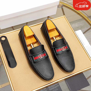 酷奇夏季新款真皮豆豆鞋休闲男土皮鞋黑色古驰38