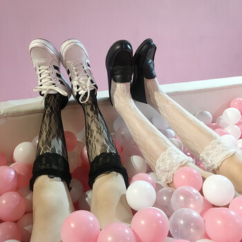 日系纯色网眼镂空蕾丝花边成人袜堆堆小腿袜甜美可爱软妹lolita袜 黑