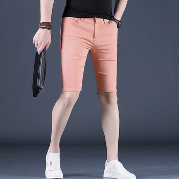 夏季裤子男牛仔短裤男士五分裤潮流修身薄款中裤潮牌5分休闲粉色粉色
