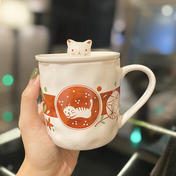 日系马克杯子带盖勺好看日式和风可爱猫咪手绘陶瓷水杯早餐牛奶杯