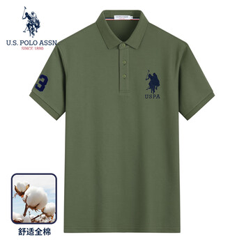 U.S. POLO ASSN.US保罗短袖polo衫男条纹薄款商务翻领polo领衫修身百搭上衣男装 军绿【纯棉】101 L 170(120-135斤左右)