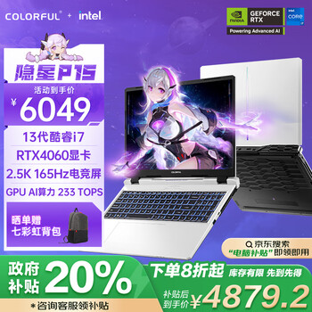 七彩虹（Colorful）隐星P15 13代酷睿i7 15.6英寸游戏本笔记本电脑(i7-13620H 16G 512G RTX4060 2.5K） 畅玩黑神话
