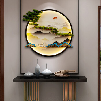 茶桌背景板 新中式迎客松装饰壁画茶室壁挂玄关画山水客厅沙发电视