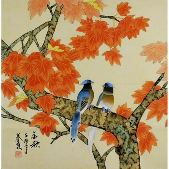 纯手绘字画客厅门廊办公室装饰画 秦霞四尺斗方国画工笔画花鸟 k08