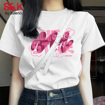 班尼路S&K系列粉色短袖t恤女2025夏季新款休闲百搭宽松短款上衣服 白-粉luck白星 XL
