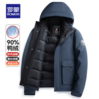 罗蒙(ROMON)短款连帽羽绒服男2024秋冬新款百搭休闲时尚加厚保暖羽绒外套 藏青色 L 175 (建议115-130斤)