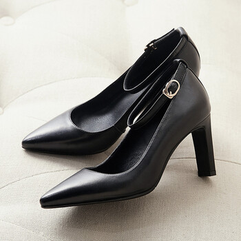 少女高跟鞋脚环绑带多穿单鞋浅口网红尖头粗跟皮鞋女鞋春ryry 黑色 34