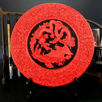 中国特色礼品摆件漆器工艺雕漆摆件大号双面雕花漆盘摆件文化礼品