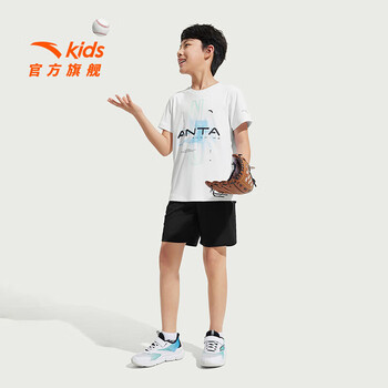 安踏儿童套装男童装2025夏季休闲速干凉感短T短裤两件装五分裤T恤短袖 纯净白/基础黑7720-1 150 cm