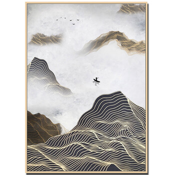 几何抽象意境装饰画 客厅沙发背景墙三联画会议大厅挂画 禅意山水金丝