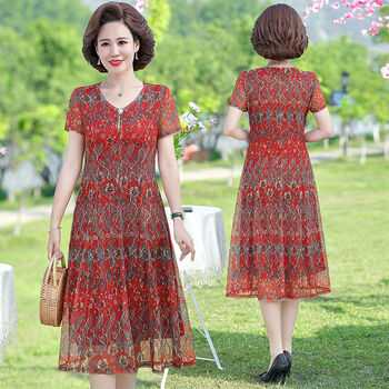 中年连衣裙中老年人夏装裙子40到50岁蕾丝中长款洋气裙红色2xl建议