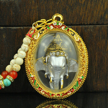 歌盼泰国佛牌吊坠象神配佛牌链子银色象白松石