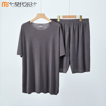 莫代尔睡衣女情侣款冰丝无痕夏季薄款圆领休闲宽松冰丝凉感家居服套装TJ 深灰男 2XL