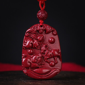 添祥朱砂兔羊猪三合赐瑞吊坠生肖属猪吉祥物羊兔赐瑞护身符挂件 红绳