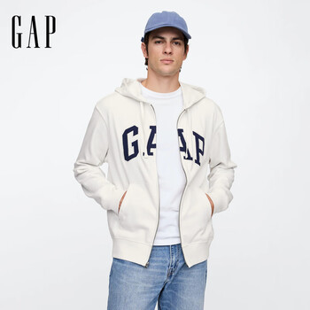 GAP男女装春季款字母logo拉链连帽卫衣宽松外套美版868454 白色 L 美码 XL亚洲码185/104A