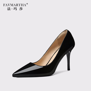 法玛莎品牌尖头高跟鞋女2019春季新款漆皮黑色细跟单鞋时尚舒适浅口
