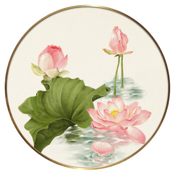 金质新中式圆形挂画金属框约禅意三联装饰画实木框花鸟国画工笔壁画 f