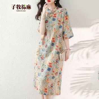 子牧棉麻春夏装 女民族风碎花改良旗袍连衣裙印花显瘦中长裙3354 花色 L (建议110-120斤)