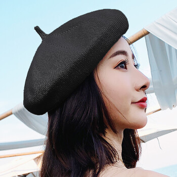 贝雷帽女士夏季亚麻春秋薄贝雷帽夏天女薄款画家帽子亚麻透气 黑色 均