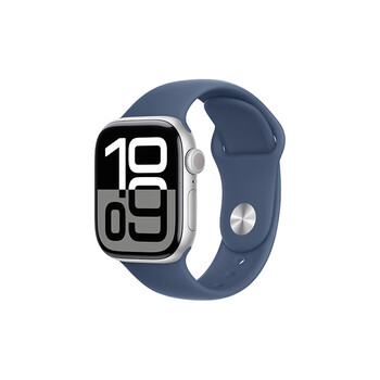Apple Watch Series 10 智能手表42毫米银色铝金属表壳丹宁色运动型表带S/M【GPS款】MX1J3CH/B