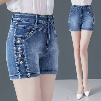 中年女性穿的牛仔短裤女士土牛子夏天外穿宽松夏季裤衩大裤头女装蓝色