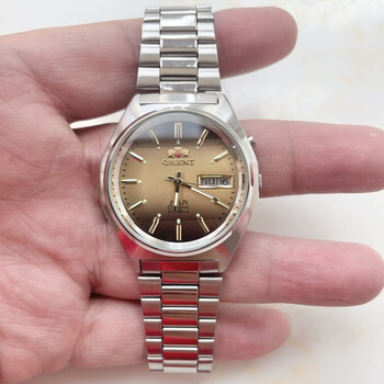 双狮全自动机械表双日历夜光三a金色防水中老年怀旧腕表库存老款 茶色