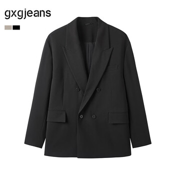 gxgjeans男装  棕色简约休闲通勤双排扣西服外套男 25年春新品 黑色 XL (180)