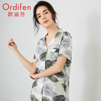 欧迪芬(Ordifen)睡衣女时尚印花翻领家居服清爽透气薄款短袖短裤两件套装XH1731 花卉混色 M