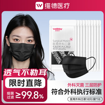 维德(WELLDAY)一次性医用外科口罩挂耳式三层无菌级防病毒细菌秋冬季透气防风 【医用外科灭菌】黑色100只