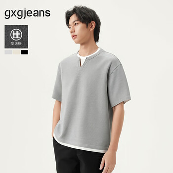 gxg.jeans男装 多色假两件简约休闲宽松短袖T恤男生 25年夏新品 浅灰色 L (175)