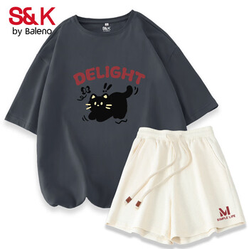 班尼路S&K系列运动T恤套装女夏小个子休闲上衣短裤夏日穿搭一整套 深灰黑猫红字+杏黑猫红字左下 S