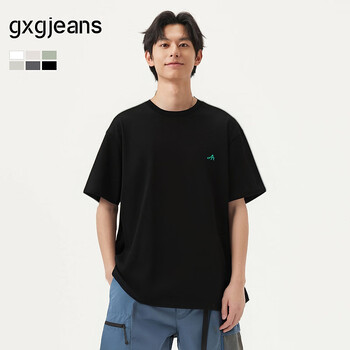 gxg.jeans男装 多色字母绣花基础凉感休闲圆领短袖T恤男 25年夏新品 黑色 L (175)
