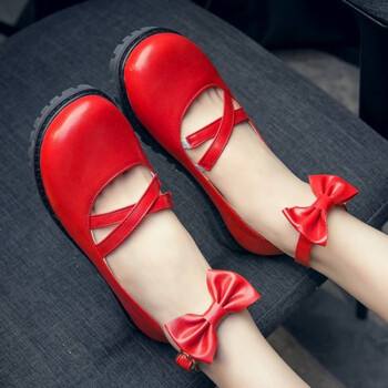 露露洛丽塔lolita鞋子平底绑带蝴蝶结cos圆头学生公主女单鞋大童 红色