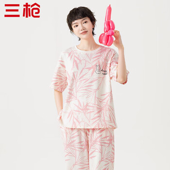 三枪(THREEGUN)纯棉男女家居服套装睡衣宽松透气格纹圆领新疆棉短袖短裤舒适 女款-米白色 L