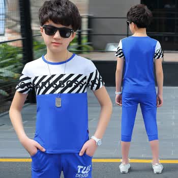 夏装2019新款套装中大童夏季童装儿童男孩夏天运动短袖两件套 蓝色