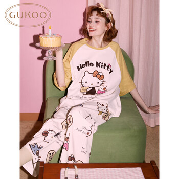 果壳(Gukoo)睡衣女夏季HelloKitty联名可爱卡通印花新款女士家居服套装B HelloKitty圆领套装 L