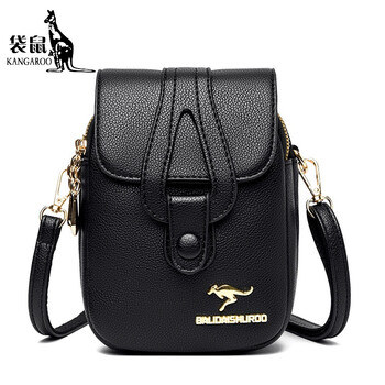 袋鼠（KANGAROO）眞皮小包包2023新款时尚手机包斜挎包简约百搭多层零钱包迷你女包 黑色