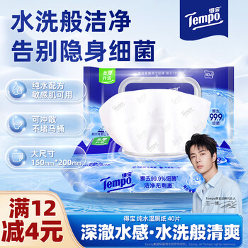 得宝（TEMPO）一博同款 纯水湿厕纸40片*1包 深澈水感 可冲散 湿纸巾 湿巾 厕纸