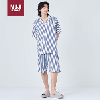 无印良品（MUJI）男式 凉感双层纱织短袖睡衣套装 男士家居服 藏青色竖条纹  XL