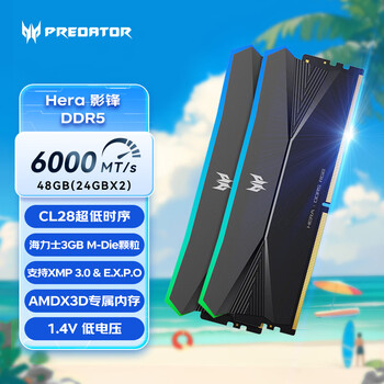 宏碁掠夺者(PREDATOR)48G(24G×2)套装 DDR5 6000频率 台式机内存条 Hera影锋系列 RGB灯条(C28) 潜影黑 AI电脑配件
